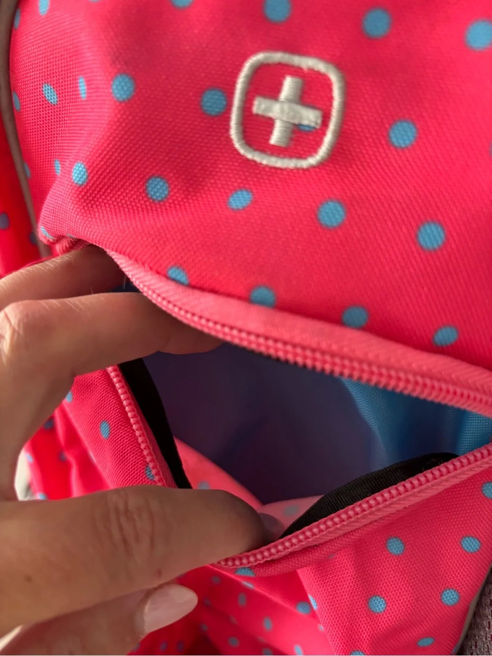 SwissGear Hot Pink Polka Dot Kids Backpack with Teal Pom
